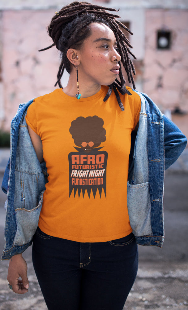 AfroFuturisticFrightNightFunkstication Women's Orange T-Shirt - Bat 2